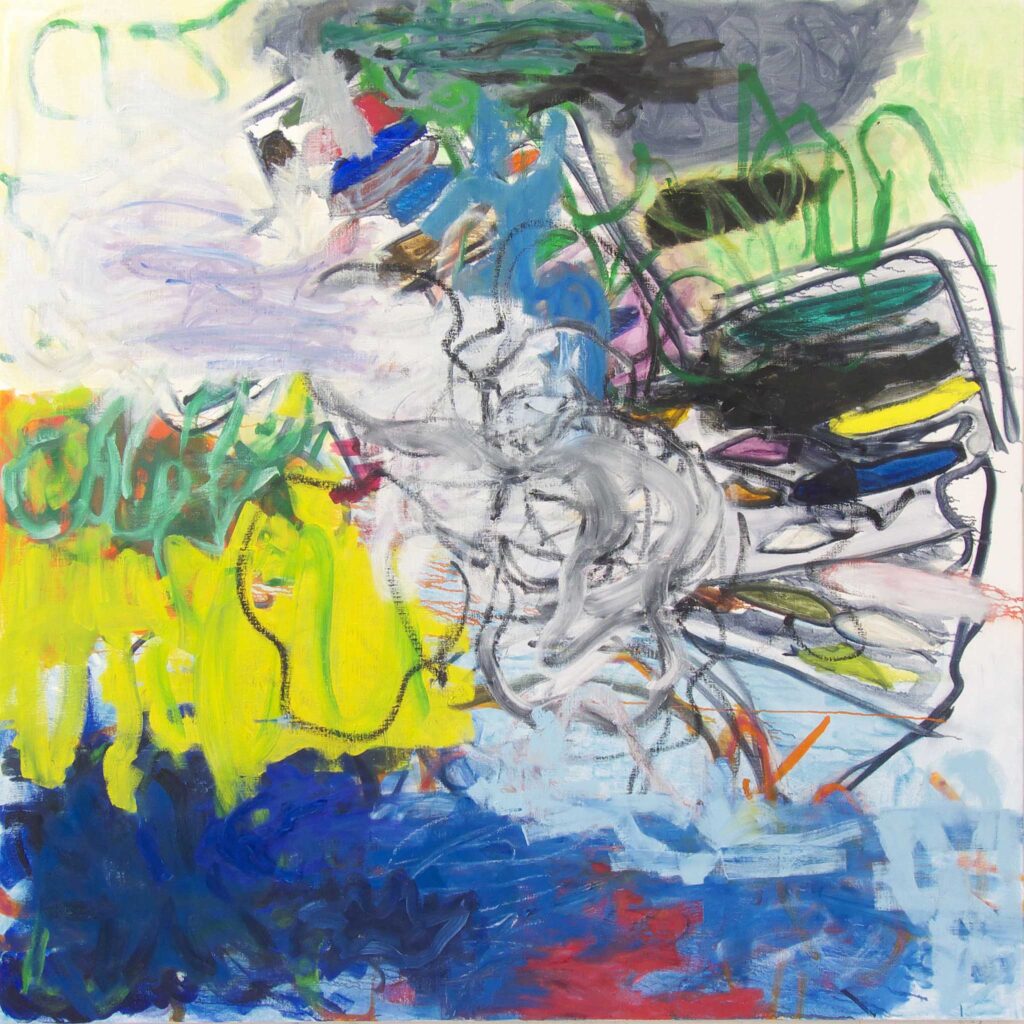 Kimi Pakarinen: Väriliitujen uhrautuvuus, 2019, öljy kankaalle, 170 x 170 cm