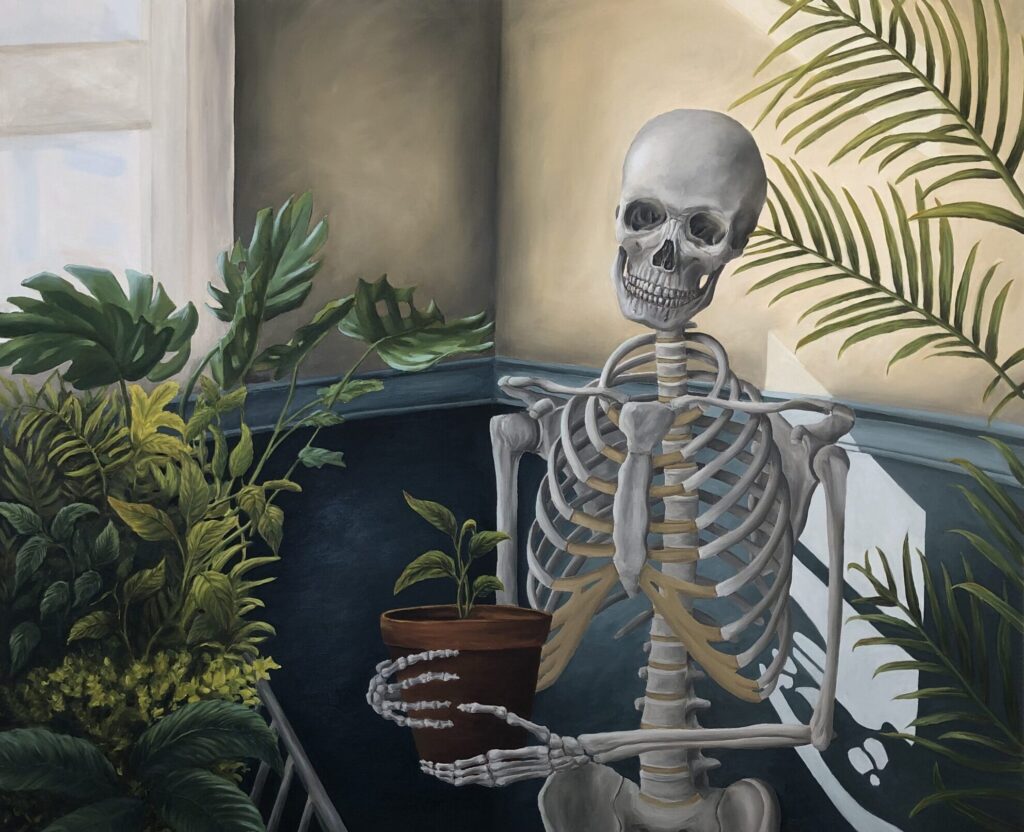 Kirsi Julkun Green Thumb luurankoja arkipuuhissaan kuvaavasta maalaussarjasta, joka tarjoilee sympaattisia uusasetelmia ihmisyydestä, mitä perinteisimmän maalauksen keinoilla. Interiöörimaalaus, kasveja, hoivaava olento, valonläikkä ikkunasta. Kaikki on kohdillaan – ja kuten Julku huomauttaa, luurangosta et voi nähdä sukupuolta. Chrysalis-näyttely.