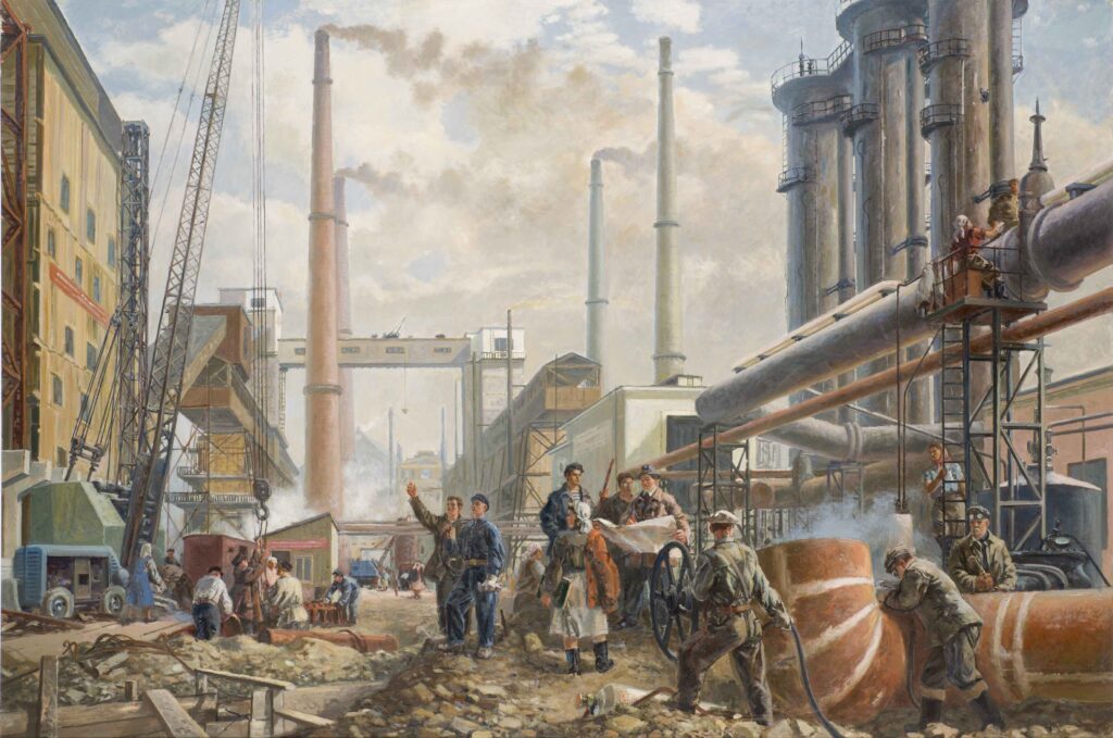 Priidu Aavik (1905-1991), Alo Hoidre (1916-1993), Lepo Mikko (1911-1978). Teollisuuden nousu Eestin sosialistisessa neuvostotasavallassa, 1950-luku. Öljy. Maalauksessa rakennetaan palavan kiven kaasuputkea Virosta Leningradiin.