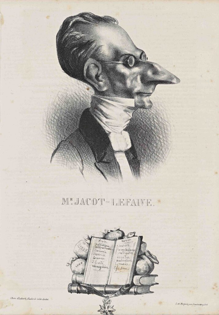 Honoré Daumier, Herra Jacot-Lefaive. Sarjasta Célébrités de la Caricature. Litografia. Le Charivari. 9.11.1833. R. Paul Firnhaberin kokoelma. Jacques Lefèbvre (1773–1856) oli Ranskan keskuspankin johtokunnan jäsen.