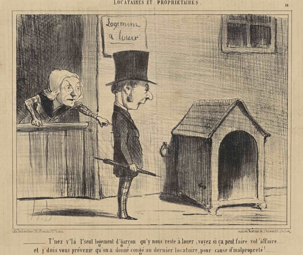 Honoré Daumier (1808‒1879). Katsokaas, tuo on ainoa poikamiesboksi … Sarjasta Locataires et proprietaires. Litografia. Le Charivari. 27.4.1854. R. Paul Firnhaberin kokoelma