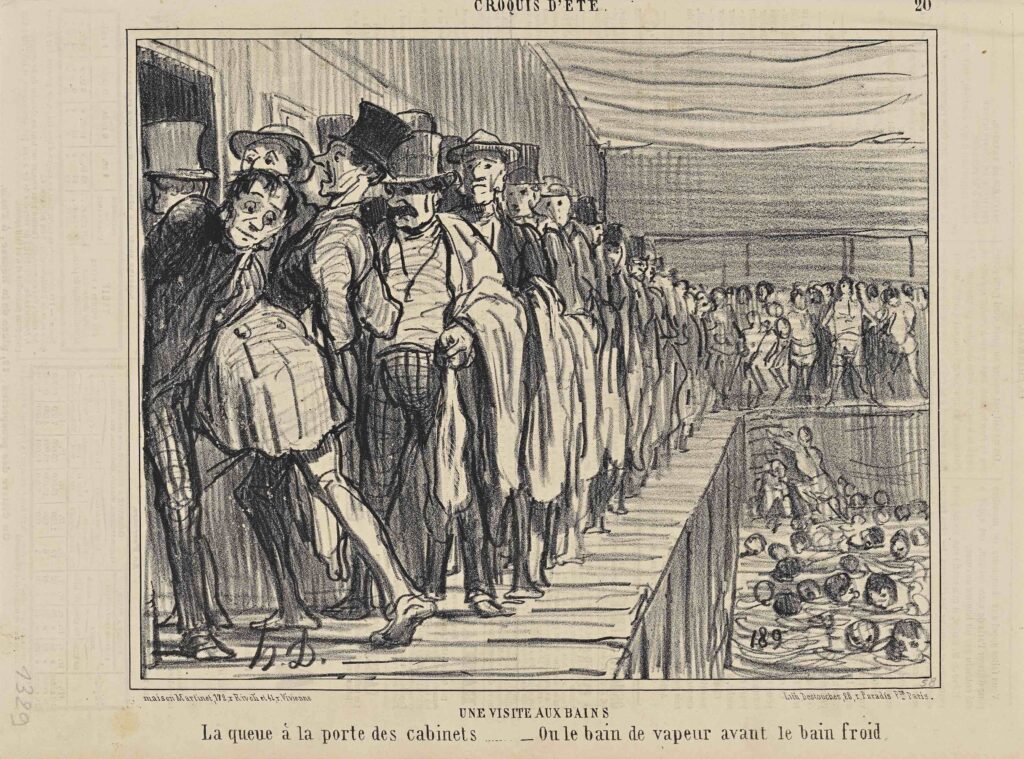 Honoré Daumier, Käynti altailla. Sarjasta Croquis d’été. Litografia. Le Charivari. 30.6.1858. R. Paul Firnhaberin kokoelma