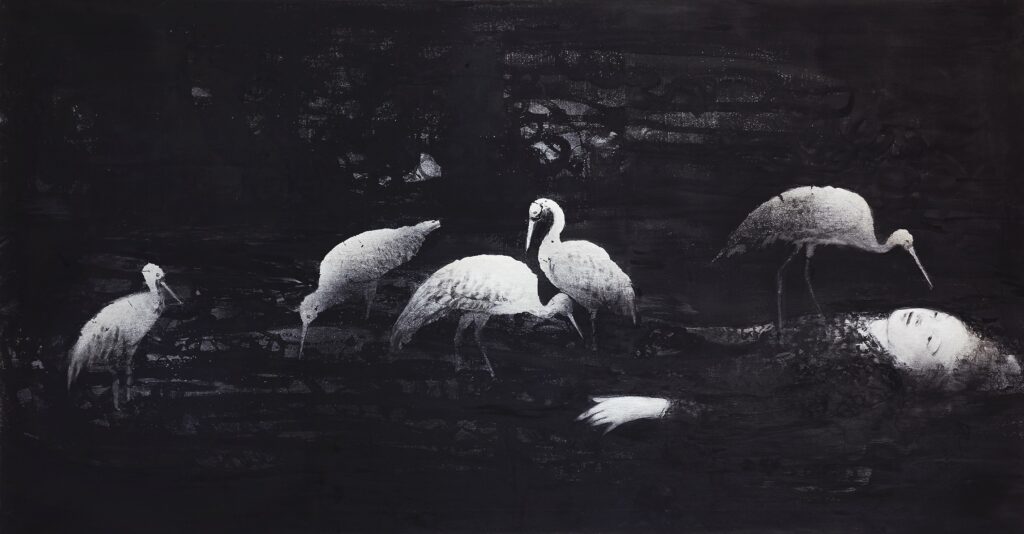 Ofelia, guassi ja pigmentti kankaalle, 2023, 105 x 200 cm.