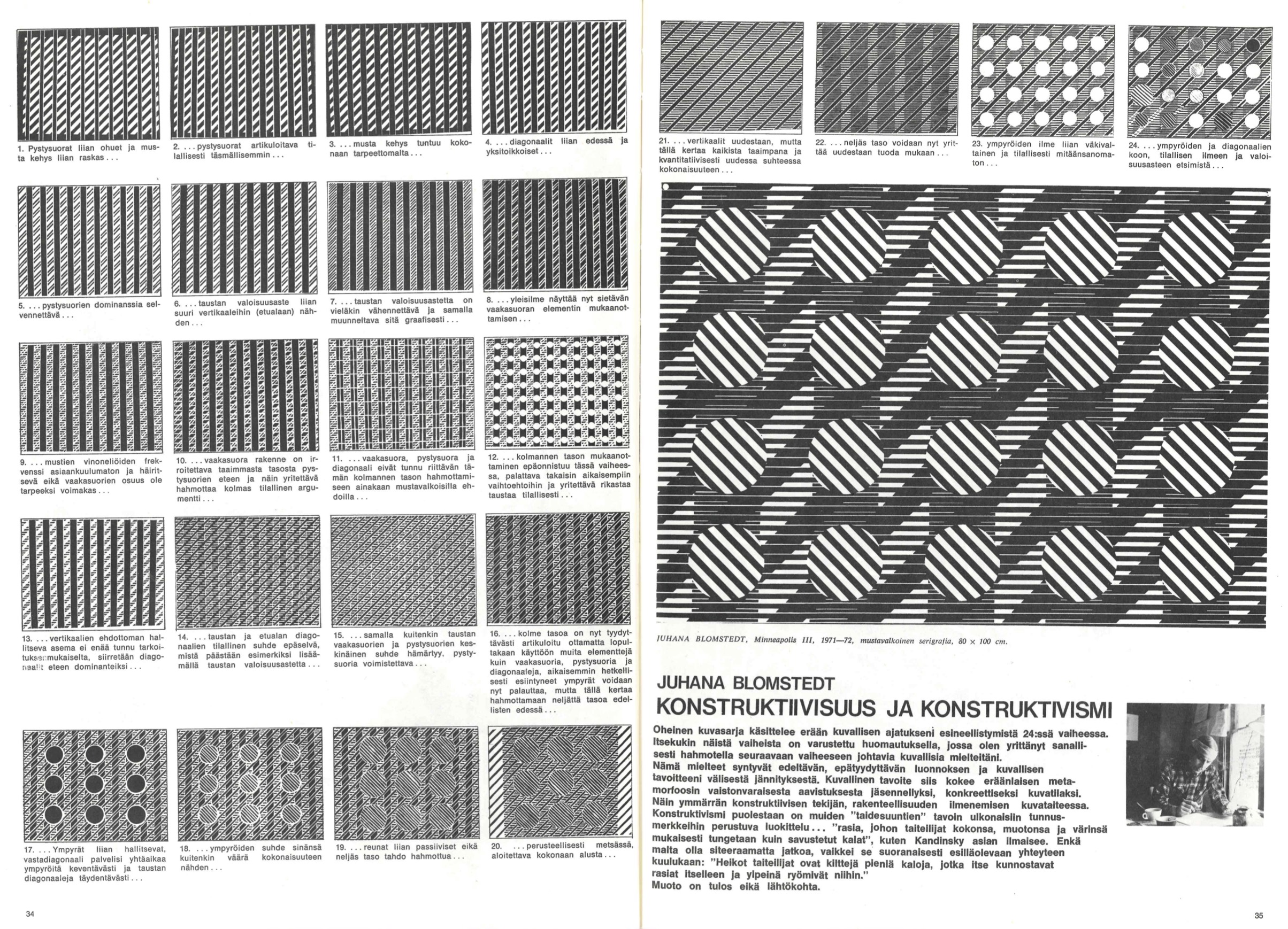 Numerossa 2/1974 nähtiin myös Juhana Blomstedtin 24:n kuvan kuvasarja, jossa hän hahmotteli luomisprosessiaan askel askeleelta. Ote arkistolehden aukeamasta.
