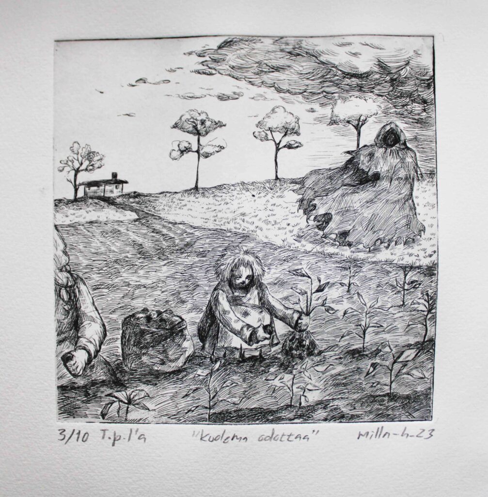 Milla Hokkanen, Kuolema odottaa, 2023, etsaus, 15 x 15 cm. Kaarisilta.