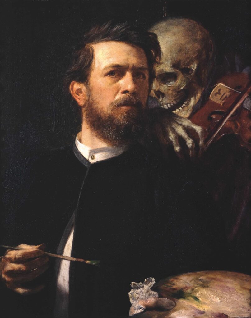 Arnold Böcklin, Omakuva viulua soittavan kuoleman kanssa, 1872, öljy kankaalle, 75 x 61 cm. Alte Nationalgalerie, Staatliche Museen zu Berlin. Kuva: Andres Kilger