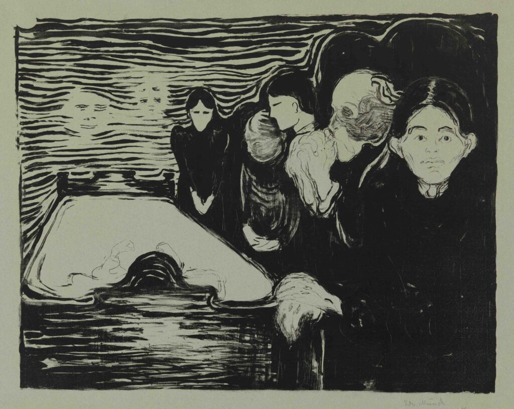 Edward Munch, Kuolinvuoteen ääressä. 1896, litografia ingres-paperille, 39,5 x 50,0. Kansallisgalleria. Kuva: Aleks Talve