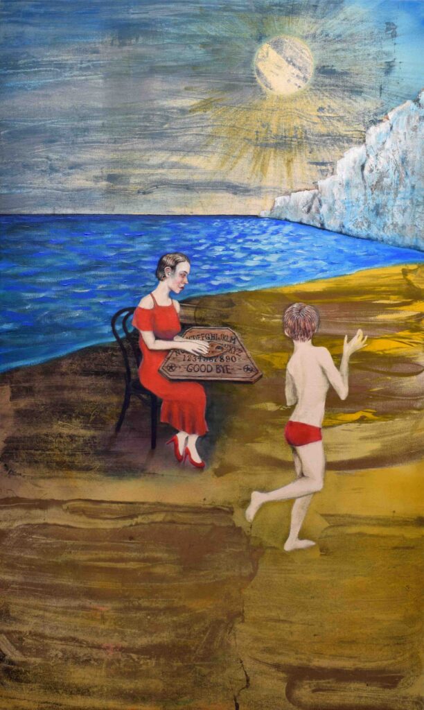 Rantanäkymä, akryyli ja monotypia kankaalle, 2024, 150 x 90 cm. Kuva: Jirko Viljanen, jonka näyttely Kaunis Trauma on Helsingin Galleria G:ssä 26.2.–23.3.2025.