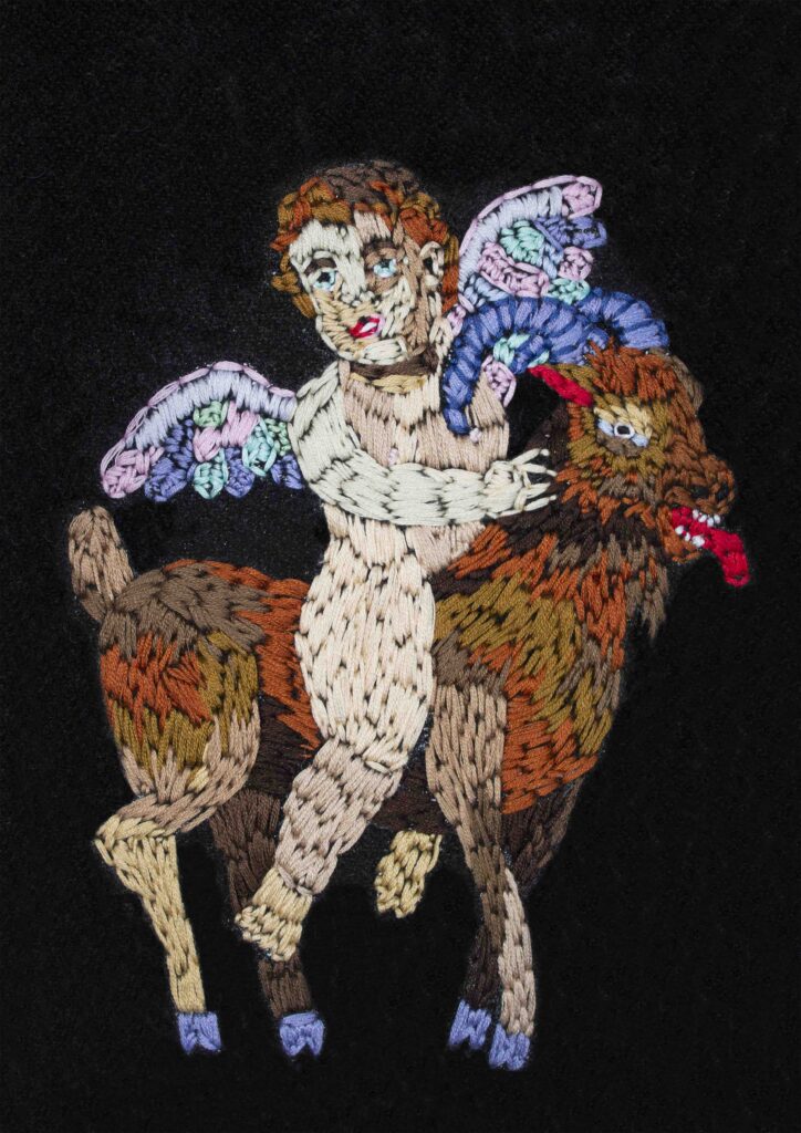 Lotta-Lucia Laine, kirjontatyö Kerubi ja vuohi, 2024.