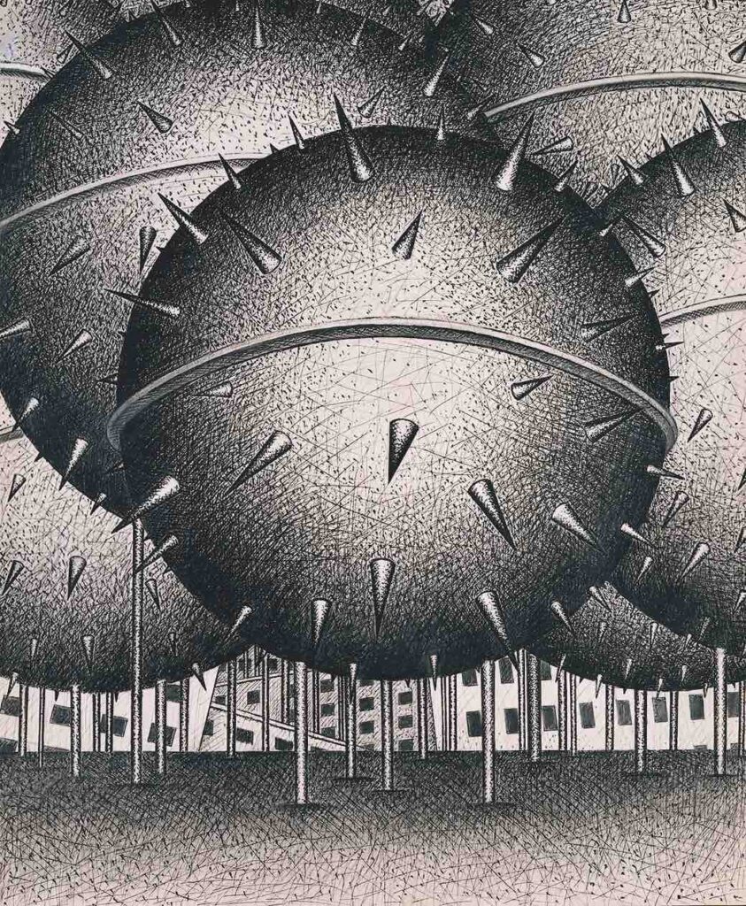 Shigeo Ishii, Sotatilan alla (L'Etat de Siège) I, n. 1952, muste ja lyijykynä paperille. Kuva: Collection of Museum of Contemporary Art Tokyo.