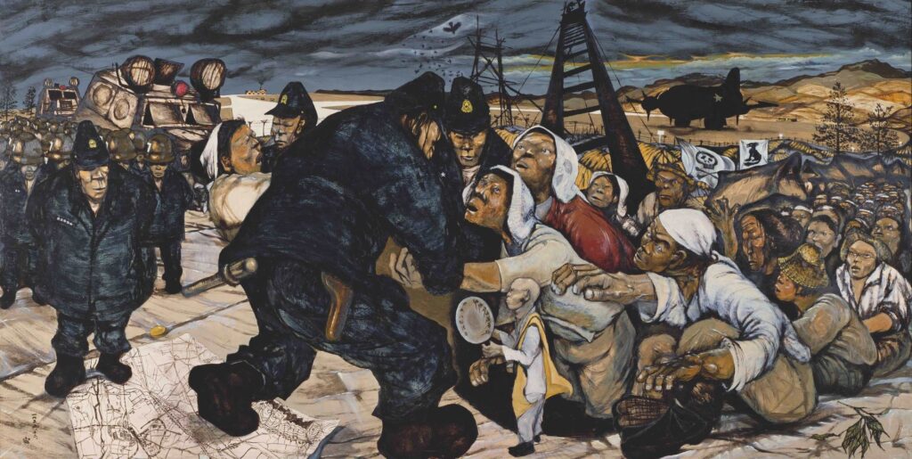 Hiroshi Nakamura, Sunagawa nro 5, 1955, öljy vanerille. Kuva: Collection of Museum of Contemporary Art Tokyo.