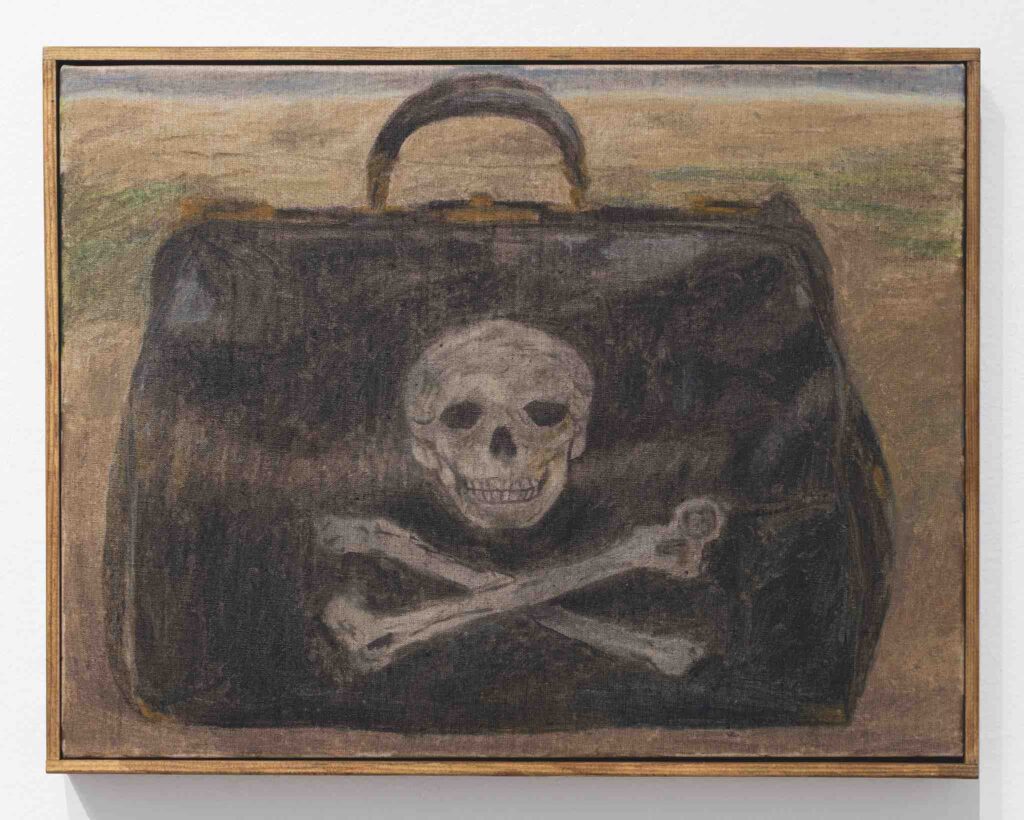 A Bag on the Beach, 2025, öljy kankaalle 37 × 48 cm.