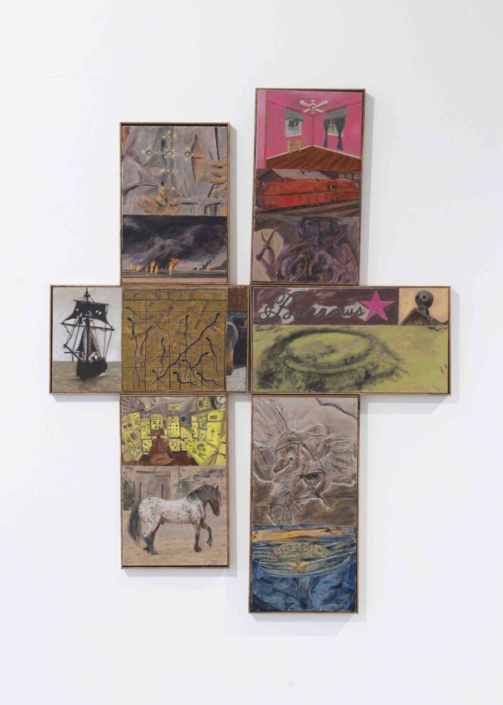 Jet Hexaptyph (Born for Burning, The Game, Machine Operator,Haunter Gatherer, Barrows, A Reason for Broken Wings), 186 × 142 cm, öljy kankaalle, mäntykehykset, 2025.