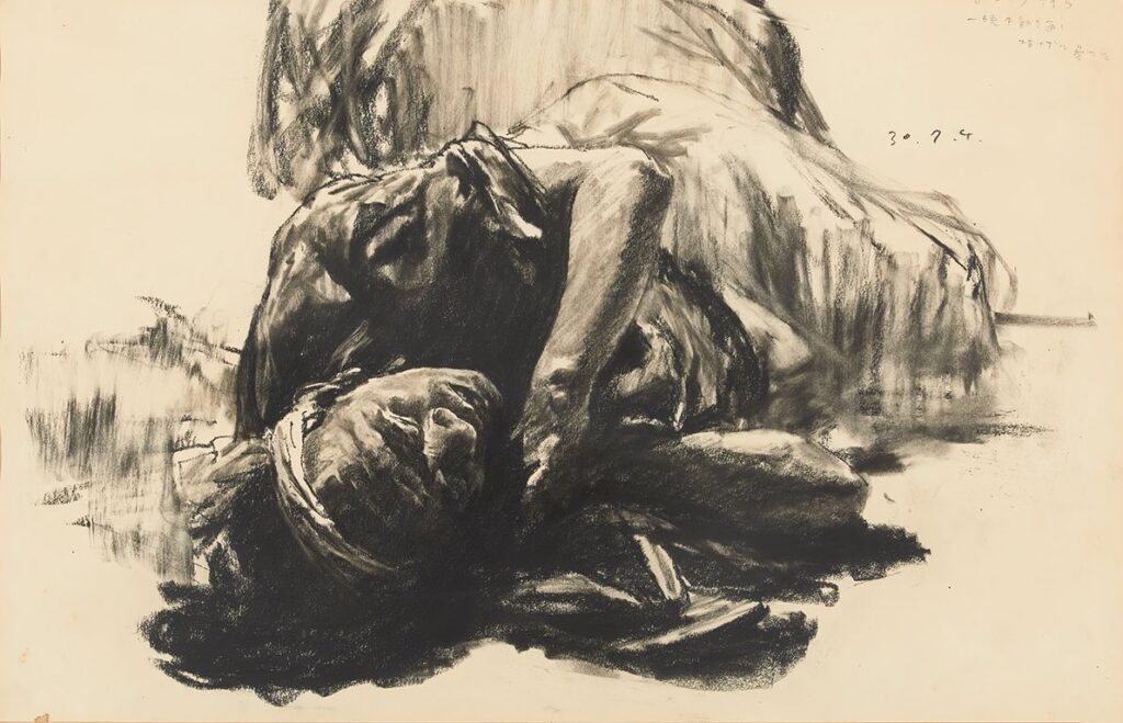 Teruo Sato, Nukkuva alikulkutunnelissa, 1955, vesiväri ja piirros. Kuva: Collection of Museum of Contemporary Art Tokyo.