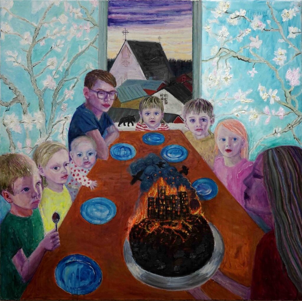 Mummin kakku, 2026, akryyli ja öljy kankaalle, 100 cm x 100 cm. Kuva: Petri Hytönen.